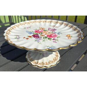 VINTAGE CROWN STAFFORDSHIRE ENGLAND'S BOUQUET CAKE PLATE COMPOTE 8.25 INCHES